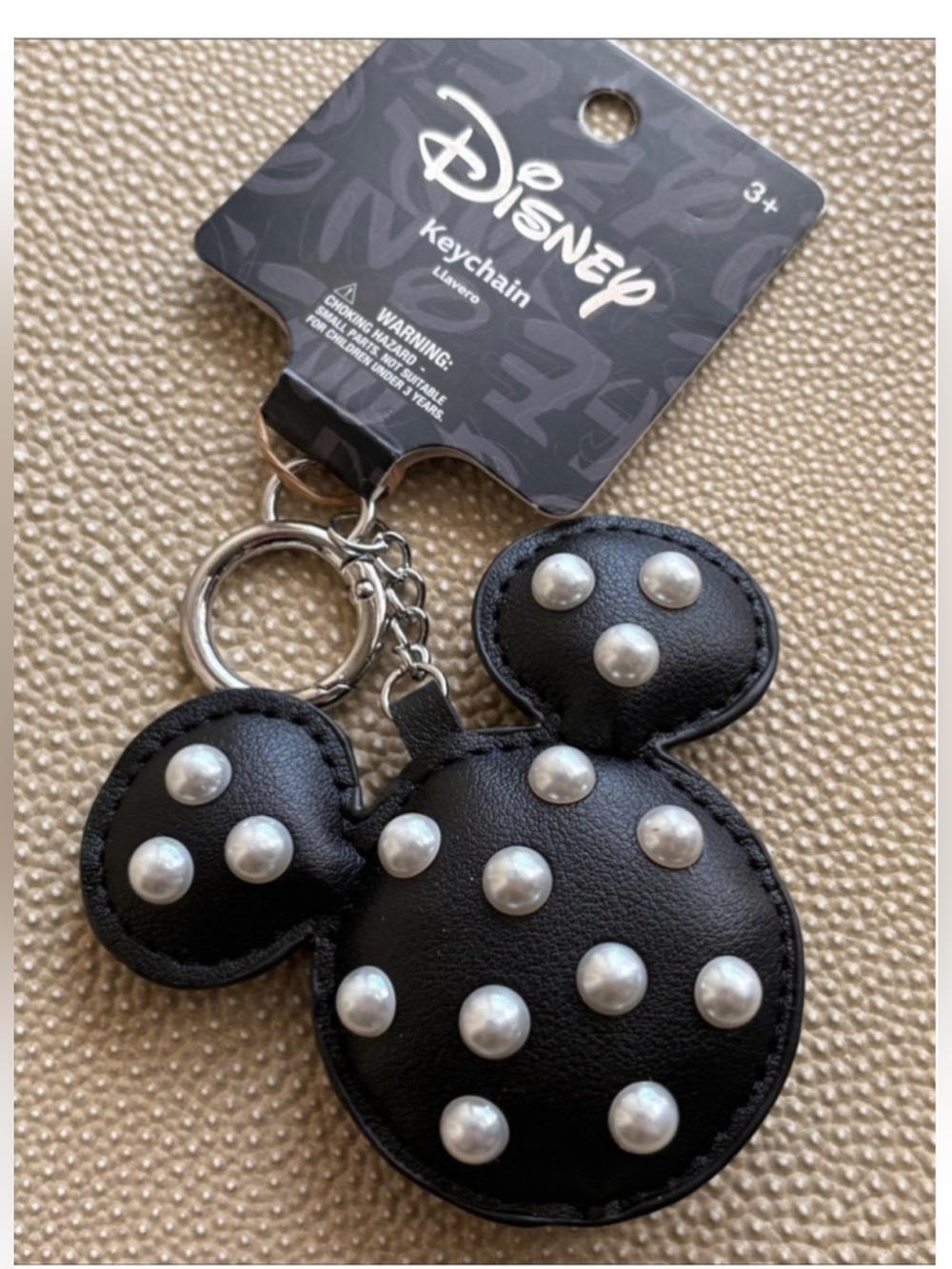 Disney Mickey Mouse  Black Faux-Leather Keychain bag charm with pearl accents